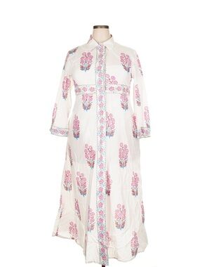Oliphant White Floral Button-Front Maxi Dress with Pink and Blue Accents